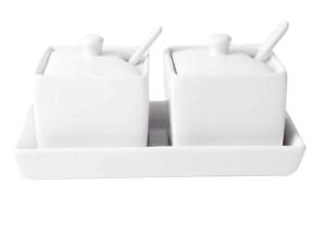 Porcelanowe cukierniczki KWADRAT 2 szt na tacy Porcelain sugar pot set 2 pcs SQUARE tray 24304065