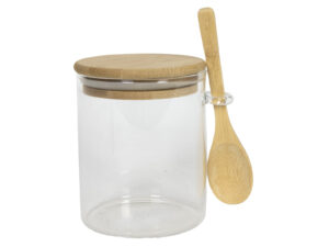 Szklany pojemnik z bambusową pokrywką 8x10 z łyżec Glass container BAMBOO COVER spoon 8,5x10 23467476